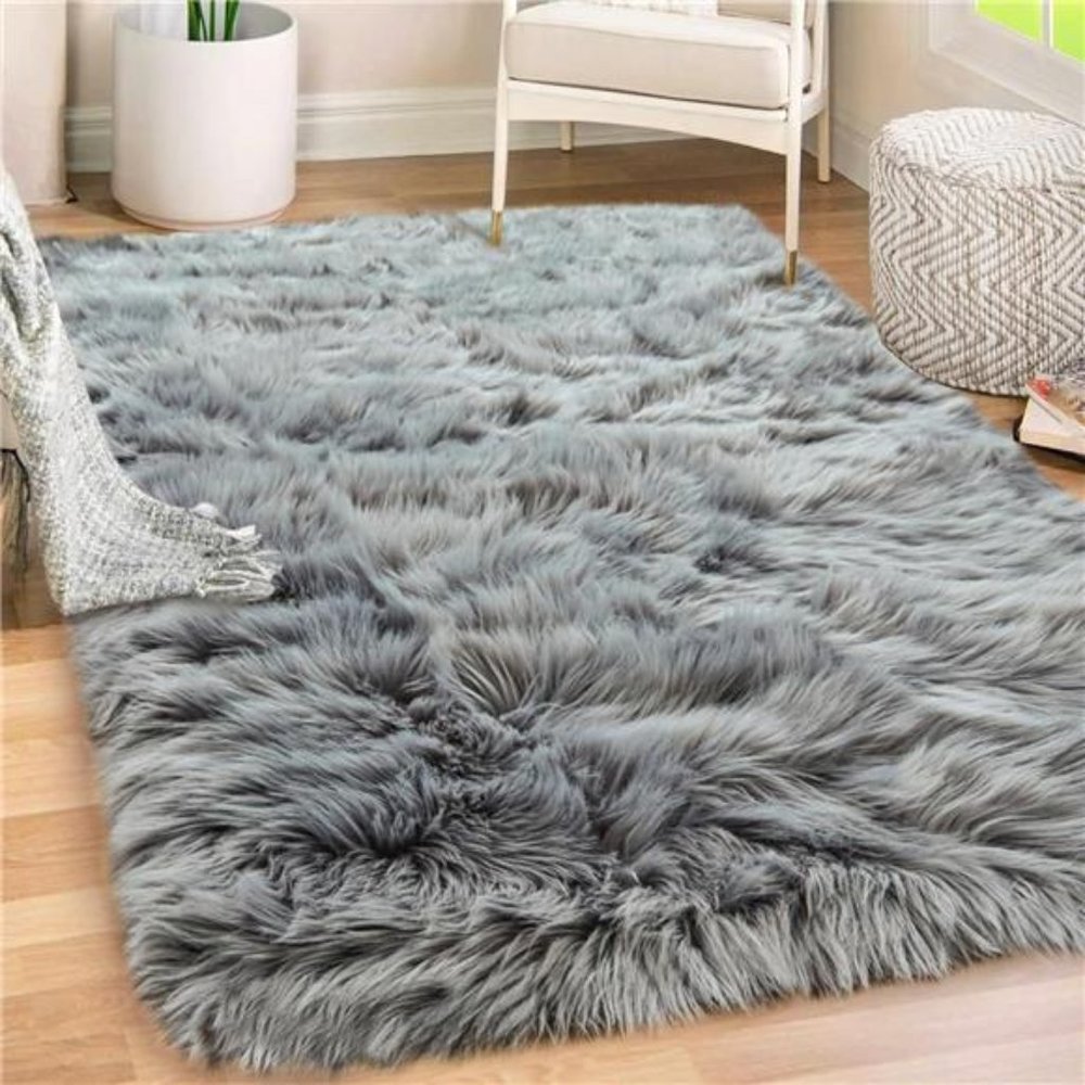 Fluffy Faux Fur Rug, Machine Washable Soft Furry Area Rugs, Rubber Backing